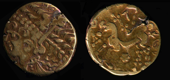 Gallo Belgic A stater, showing obverse (front) and reverse.